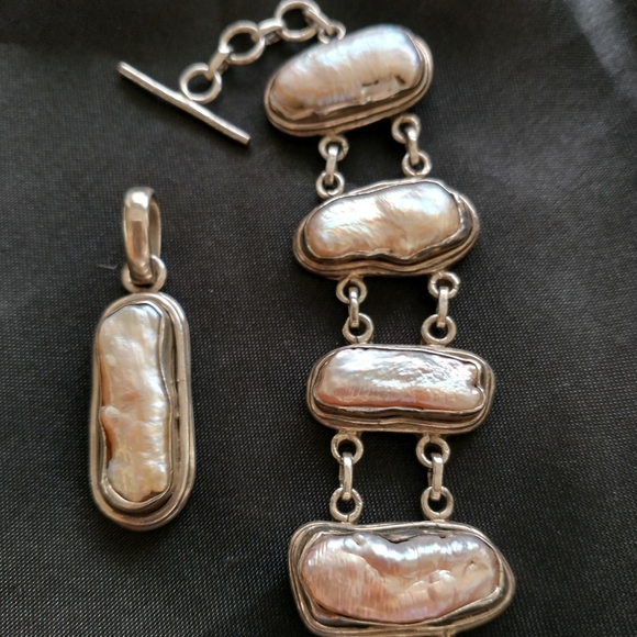 VTG STERLING SILVER Heavy MOP Bracelet & Pendant - Picture 3 of 11